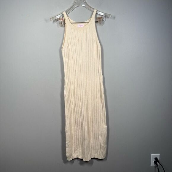Pink Lily round neck ribbed knit sleeveless midi dress size large beige - Picture 1 of 11